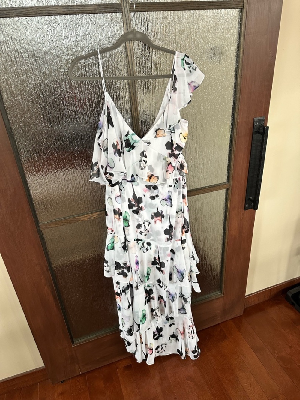 ML Monique Lhuillier Asymetrical Ruffle Gardenia Floral Dress size 16 - Picture 6 of 9